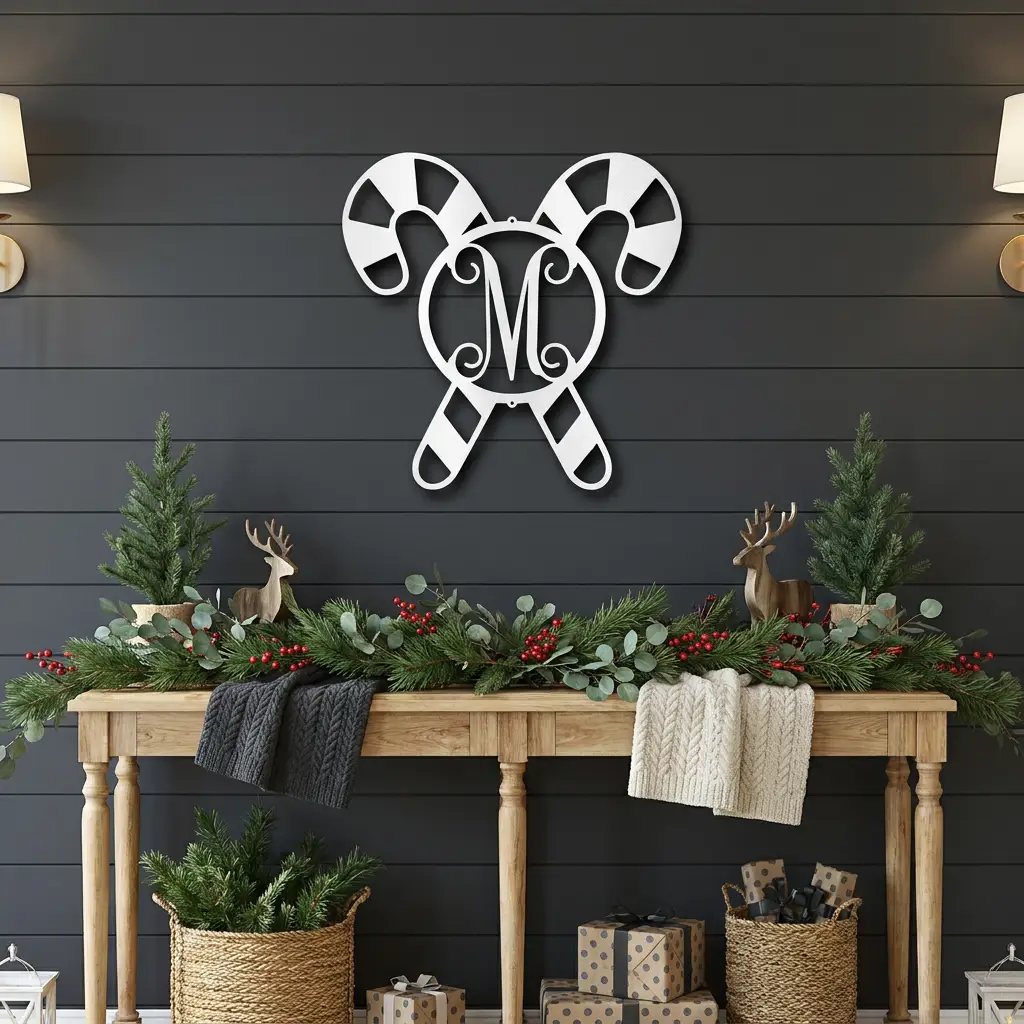 Personalized Candy Cane Monogram Metal Wall Art – Custom Initial Christmas Sign – Holiday Steel Décor (5 Sizes, 5 Colors)