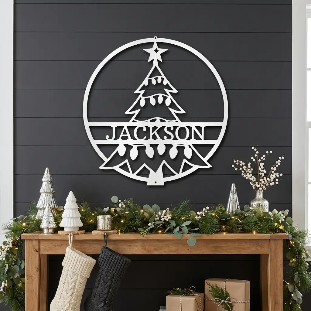 Personalized Christmas Tree Metal Wall Art – Custom Family Name Holiday Sign – Handmade Steel Décor (5 Sizes, 5 Colors)