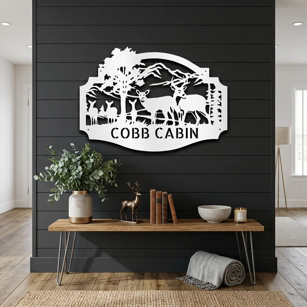 Personalized Deer Cabin Metal Wall Art – Rustic Family Name Sign – Hunting Lodge Decor – Custom Mountain Scene Steel Sign – Cabin Wall Decor Gift