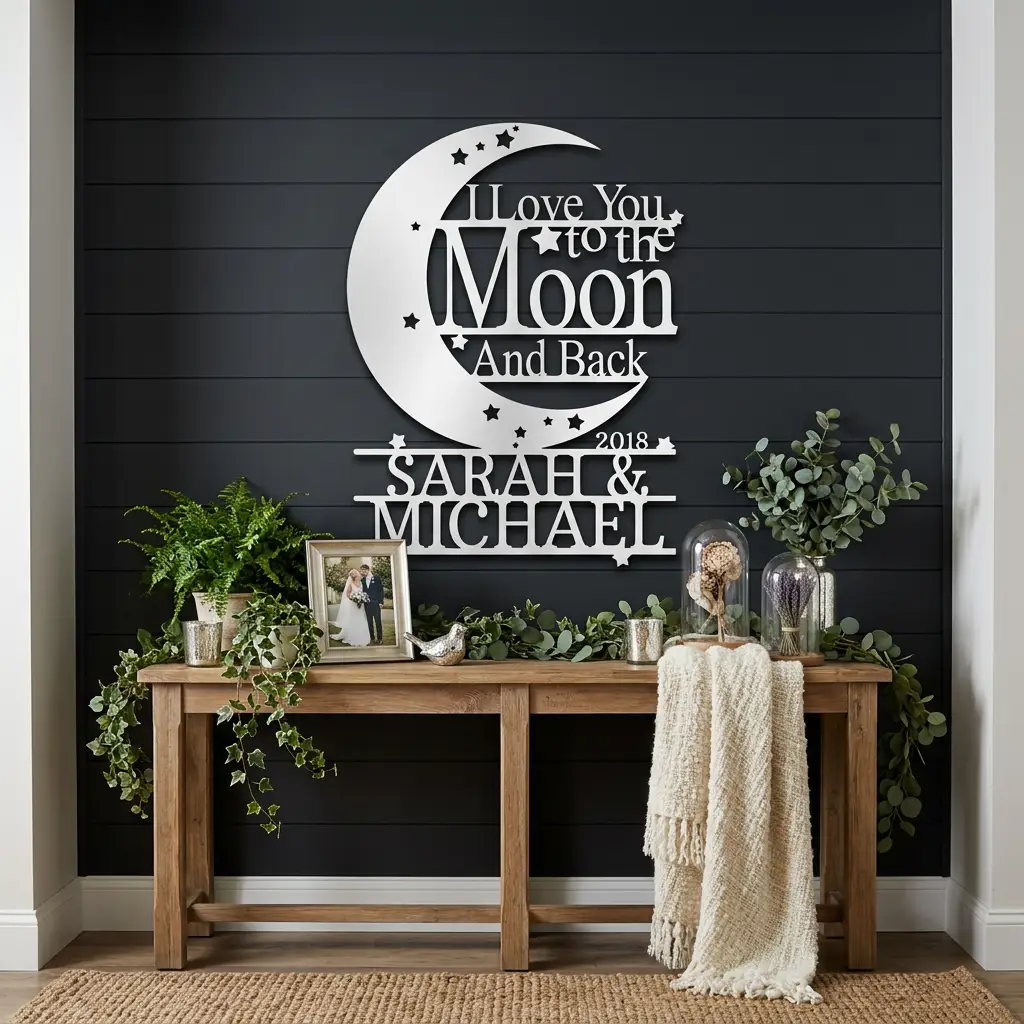 I Love You to the Moon and Back Personalized Metal Wall Art | Custom Couple Name Sign with Date | Romantic Wedding Gift | Anniversary Decor | Made in USA