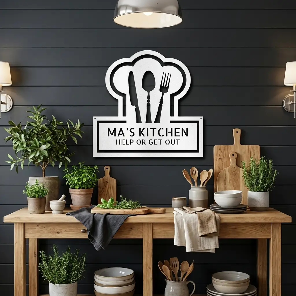 Kitchen Personalized Metal Sign | Custom Chef Hat Wall Decor | Family Name Cooking Sign | Restaurant, Diner, Bistro Art