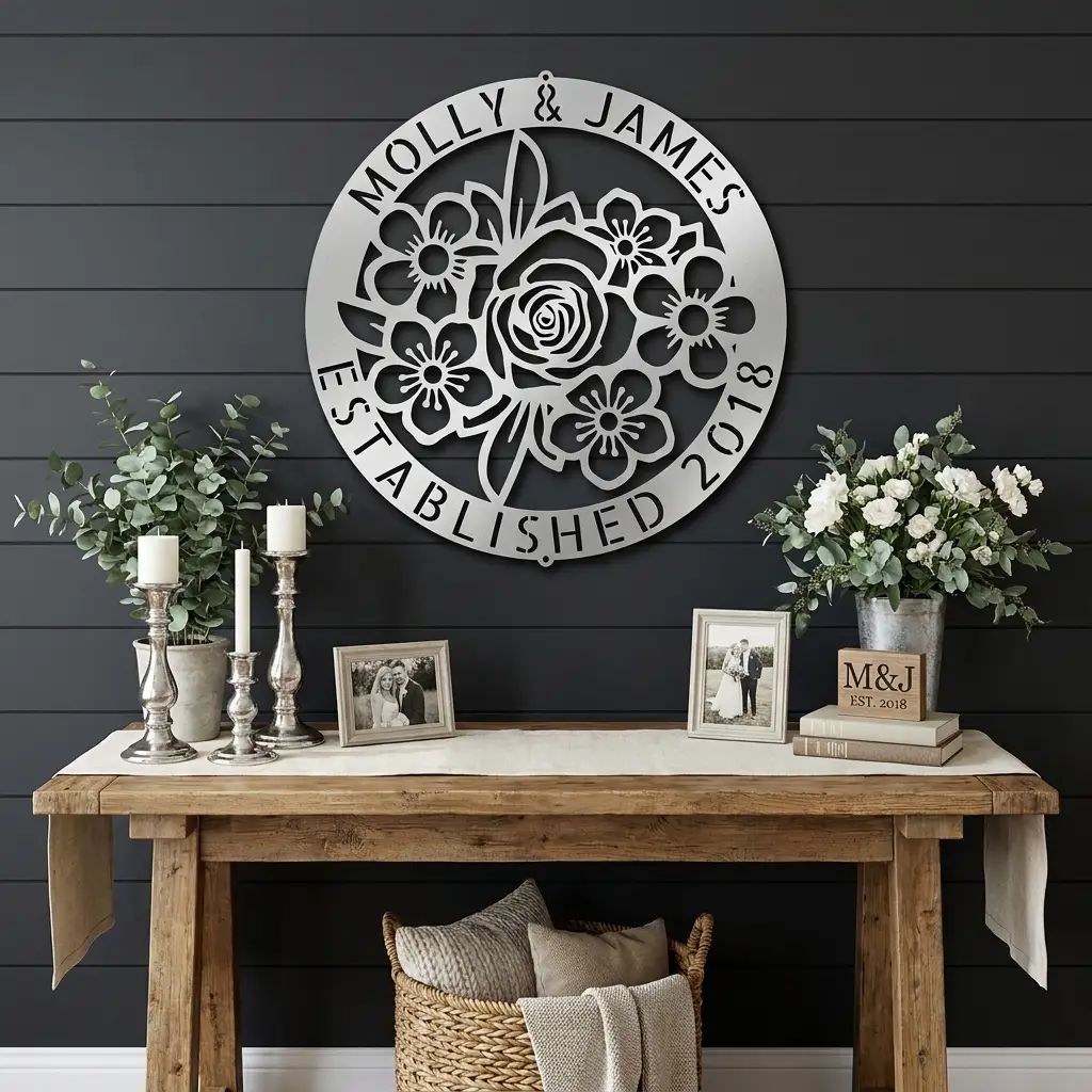 Personalized Floral Family Name Metal Sign | Custom Established Date Wall Art | Round Flower Monogram Steel Decor | Wedding, Anniversary & Housewarming Gift