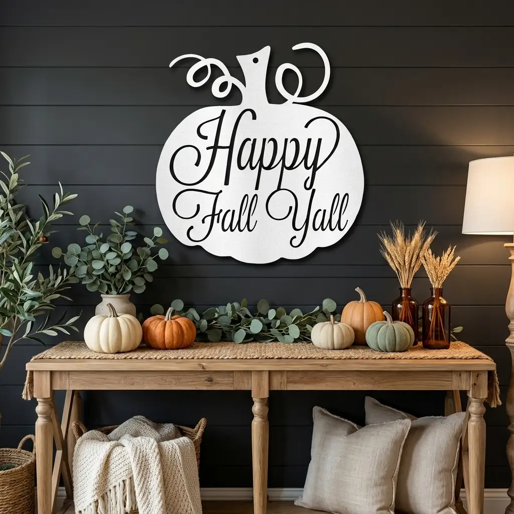 Happy Fall Y'all Pumpkin Metal Wall Art | Autumn Pumpkin Wall Decor | Rustic Farmhouse Fall Sign | Thanksgiving Porch & Entryway Decor | Seasonal Metal Wall Hanging | Made in USA