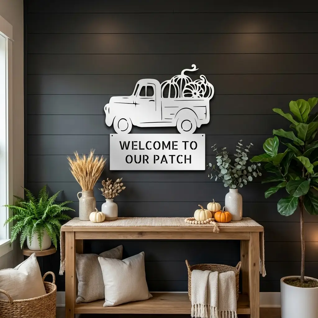 Personalized Vintage Pumpkin Truck Metal Wall Art | Custom Fall Harvest Sign | Farmhouse Autumn Decor | Welcome Pumpkin Patch Sign | Rustic Thanksgiving Wall Decor | Made in USA