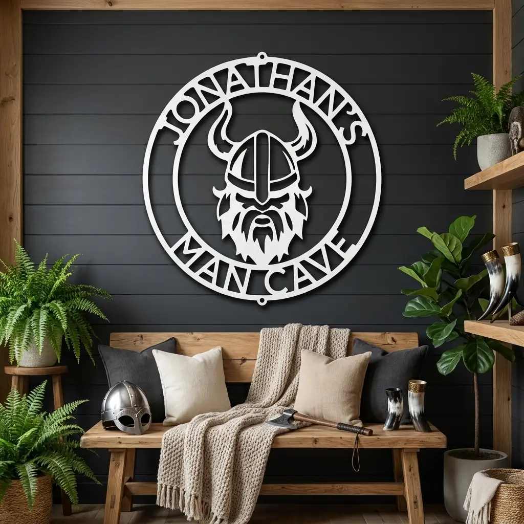 Personalized Viking Metal Wall Art | Custom Viking Name Sign | Norse Warrior Steel Wall Decor | Viking Helmet Home Decoration | Made in USA