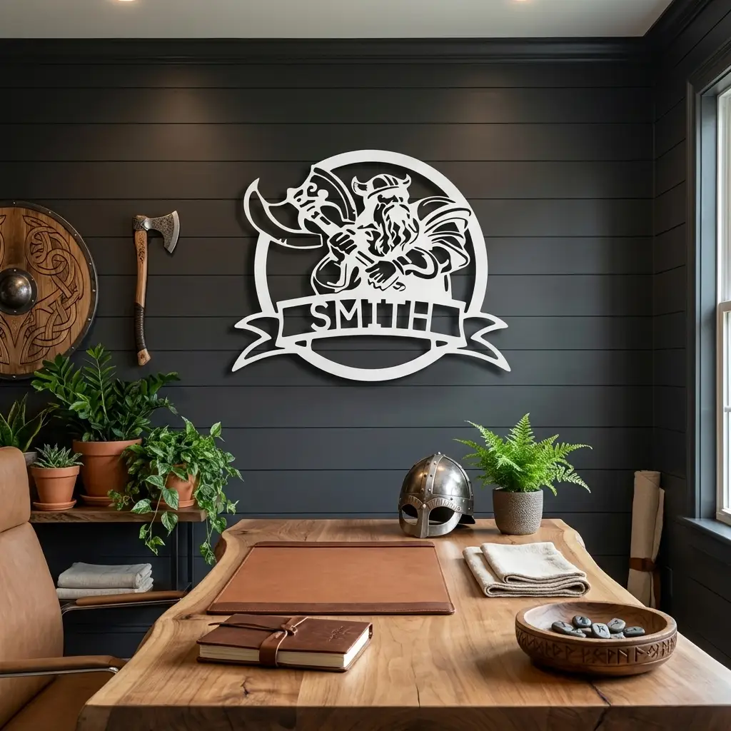 Fighting Viking Monogram Personalized Name Indoor Outdoor Steel Wall Sign Metal Man Cave Art