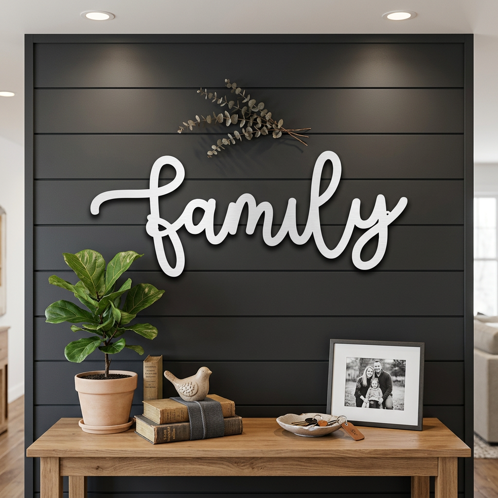 Family Script Metal Wall Art – Modern Farmhouse Decor – Minimalist Home Sign – Family Wall Decor