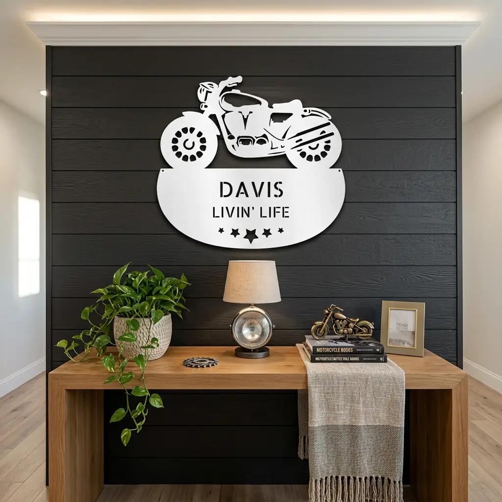 Personalized Motorcycle Metal Wall Sign – Custom Name Laser-Cut Steel Art for Indoors & Outdoors
