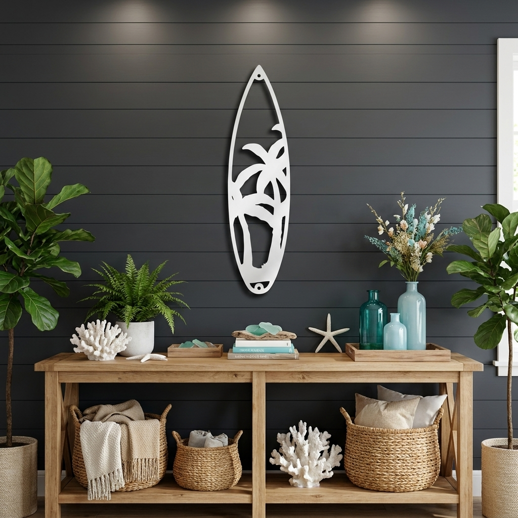 Palm Tree Surfboard Metal Wall Art | Tropical Coastal Beach Decor | Surfboard Shaped Metal Wall Hanging | Island & Ocean Home Decor | Made in USA