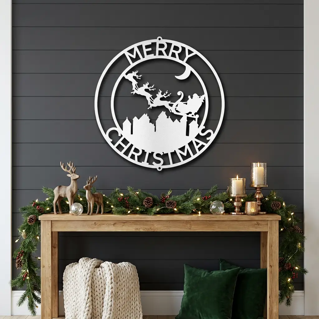 Personalized Santa Sleigh Flying Over Town Metal Wall Art – Custom Family Name Christmas Sign – Holiday Steel Décor (5 Sizes, 5 Colors)