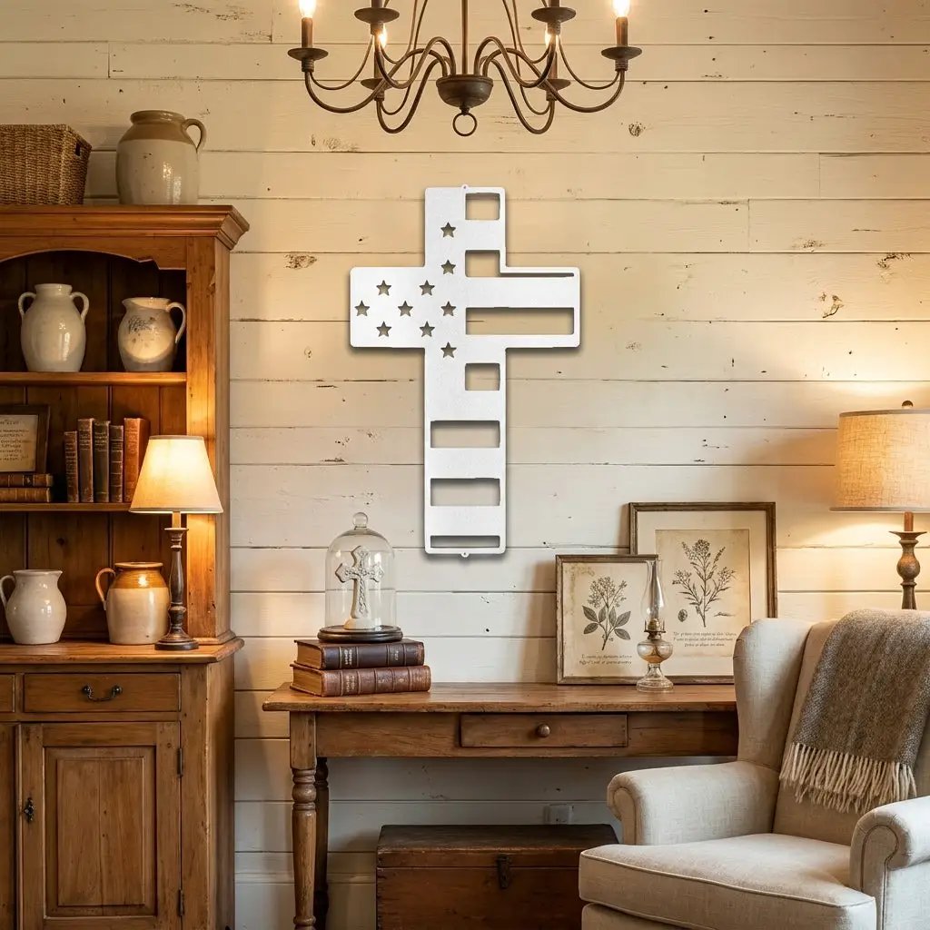 American Flag Cross Metal Wall Art – Patriotic Christian Cross Decor – USA Flag Faith Steel Sign – Veteran Tribute Wall Decor