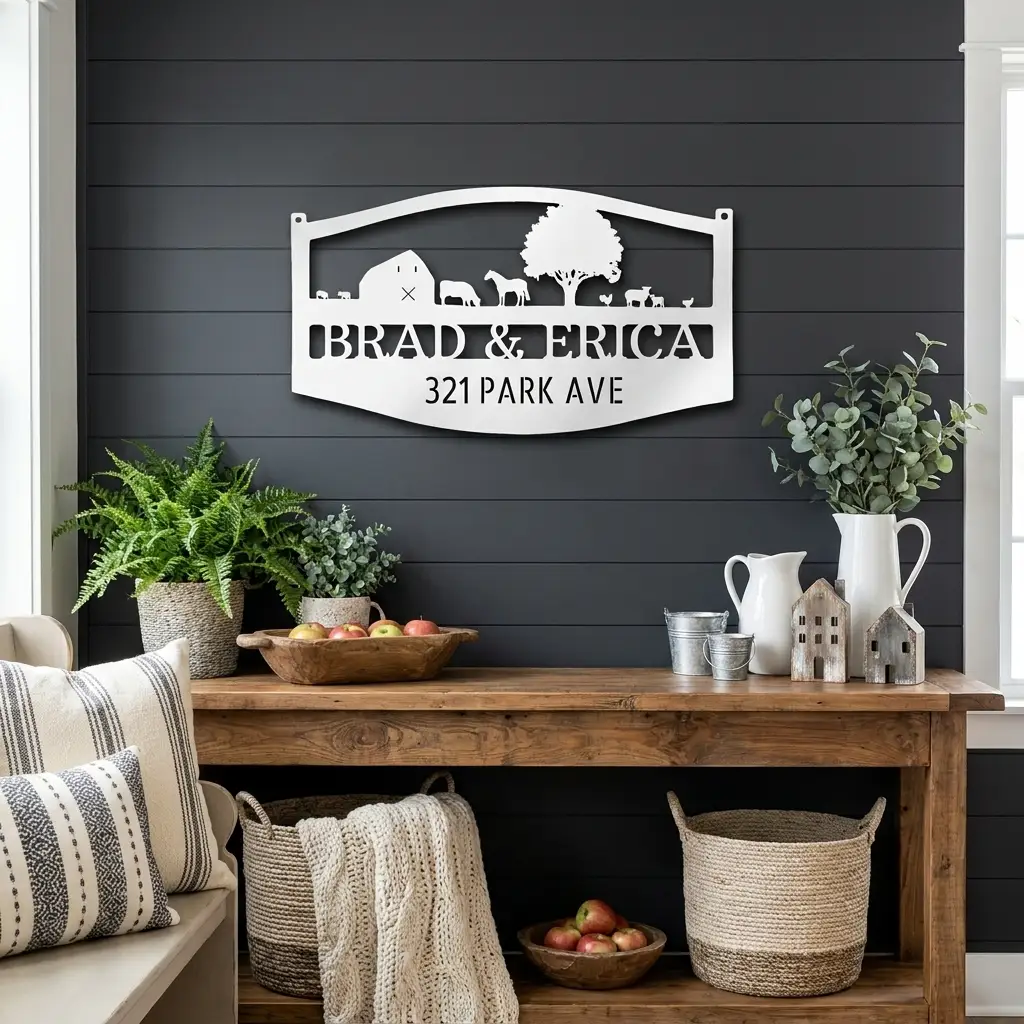 Farm Scene Custom Name Indoor Outdoor Monogram Steel Wall Sign