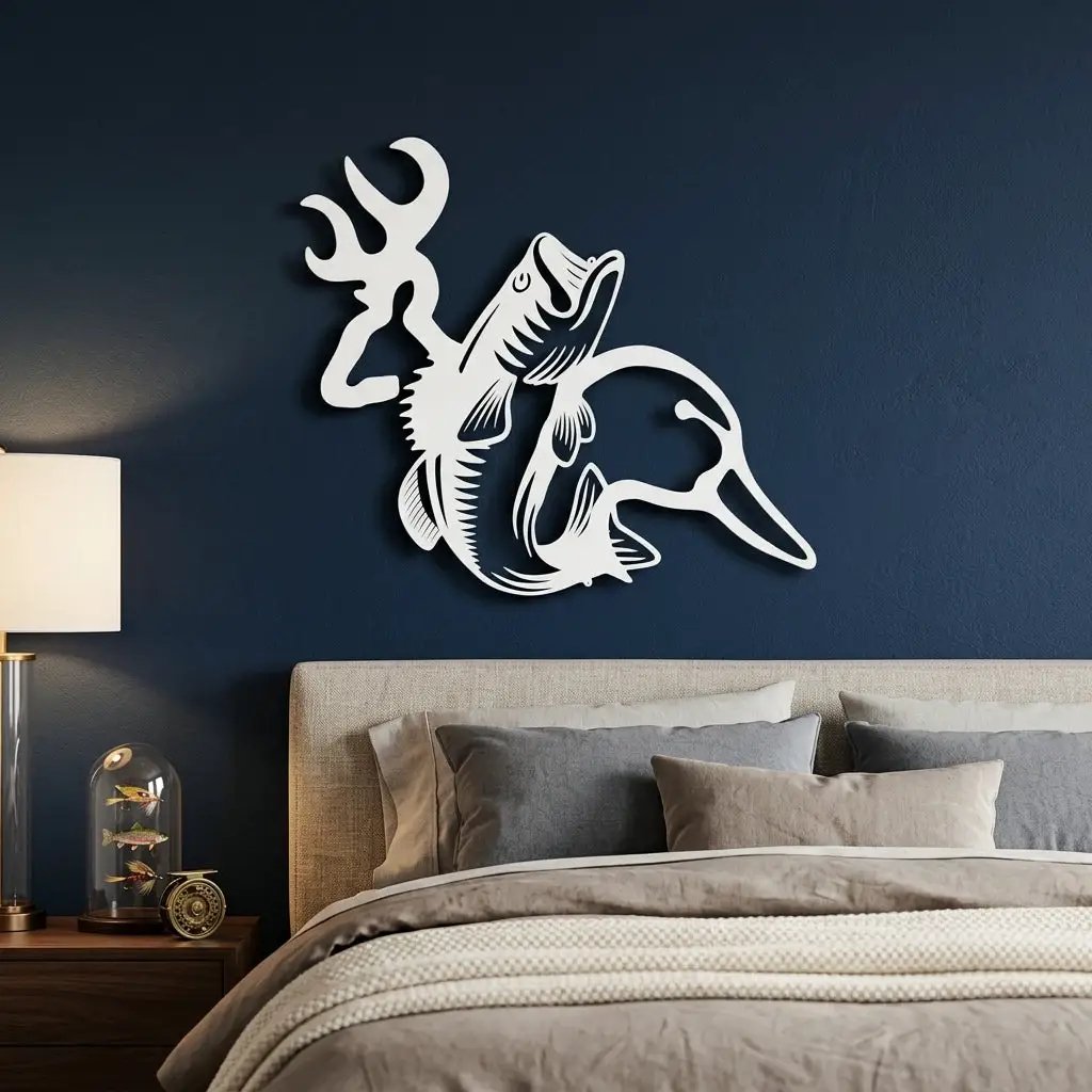 Hunting & Fishing Metal Wall Art – Deer, Duck and Bass Rustic Steel Sign