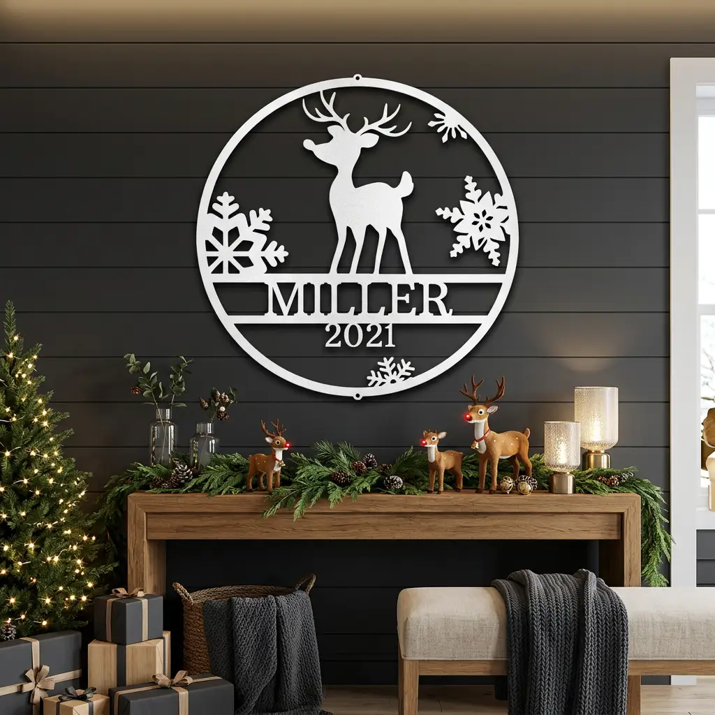 Rudolph Reindeer Christmas Personalized Metal Sign | Custom Family Name & Year Holiday Wall Art | Reindeer Snowflake Metal Decor | Christmas Gift for Family