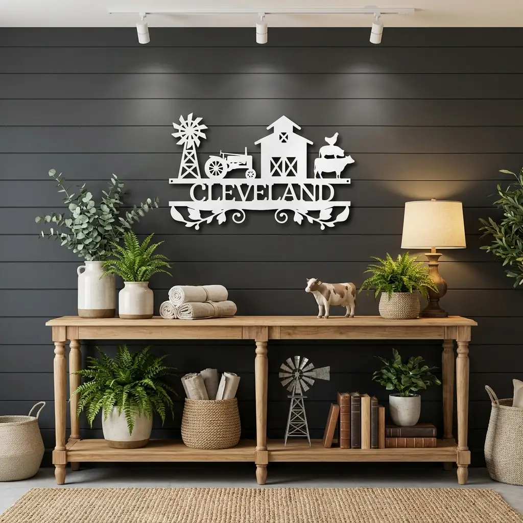 Personalized Barn & Tractor Steel Wall Art - Custom Farm Name Metal Sign