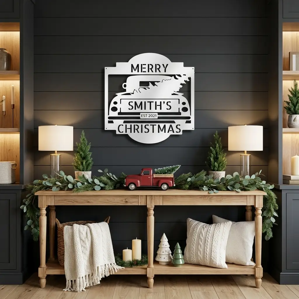 Christmas Truck Personalized Metal Wall Sign | Custom Family Holiday Wall Art | Vintage Truck Christmas Decor | Personalized Name & Year Metal Sign | Made in USA