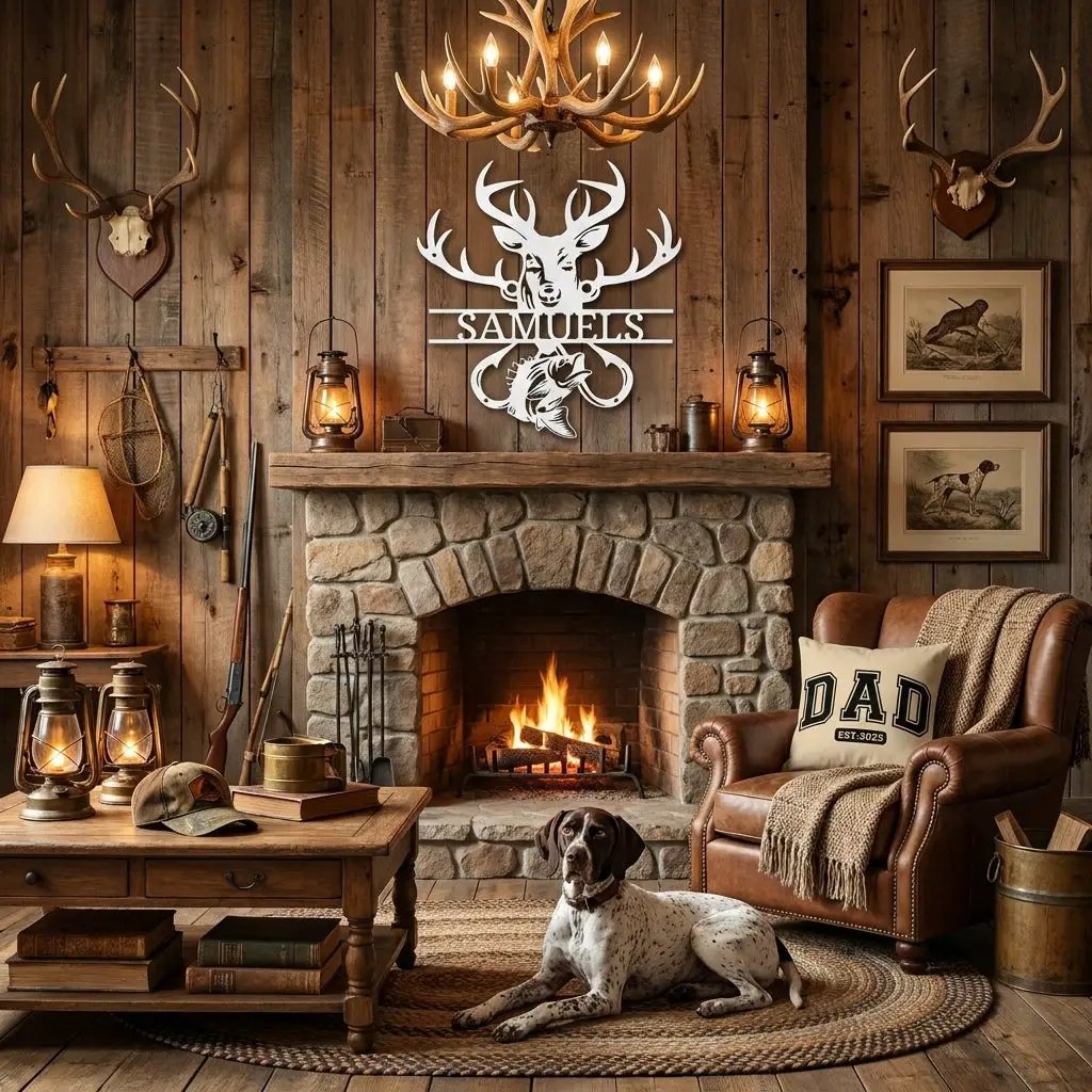 Outdoorsman Custom Metal Wall Art Deer Hunting and Bass Fishing Sign Custom Name Rustic Cabin Decor Hunter Fisherman Gift