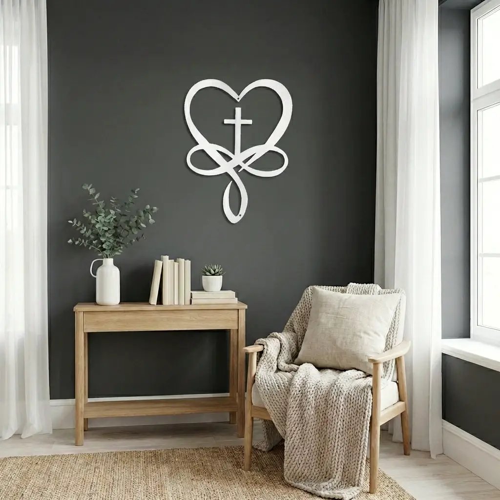 Love Infinity Cross Metal Wall Art – Christian Faith Decor, Heart Cross Sign, Religious Home Decor, Laser Cut Steel Wall Hanging, Gift for Christian Family