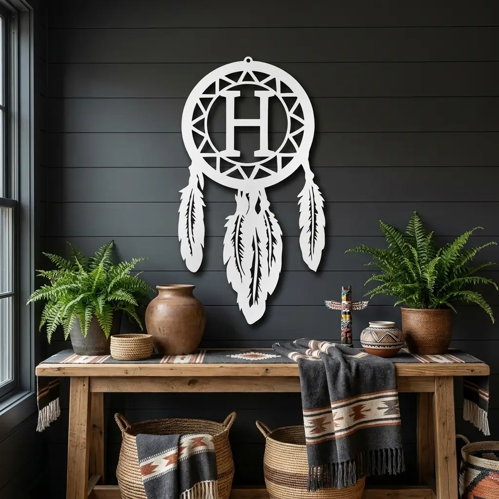Personalized Dreamcatcher Metal Wall Art – Custom Initial Southwestern Feather Décor