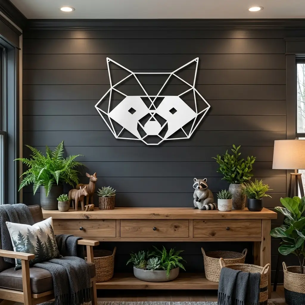 Geometric Raccoon Metal Wall Art – Modern Wildlife Steel Sign, Rustic Cabin Decor, Forest Animal Wall Hanging, Laser Cut Metal Art 12"–36"