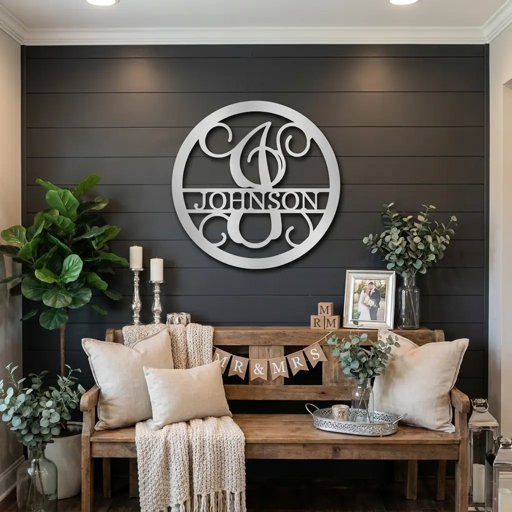 Circle Vine Monogram Personalized Name Indoor Outdoor Steel Wall Sign Metal Art
