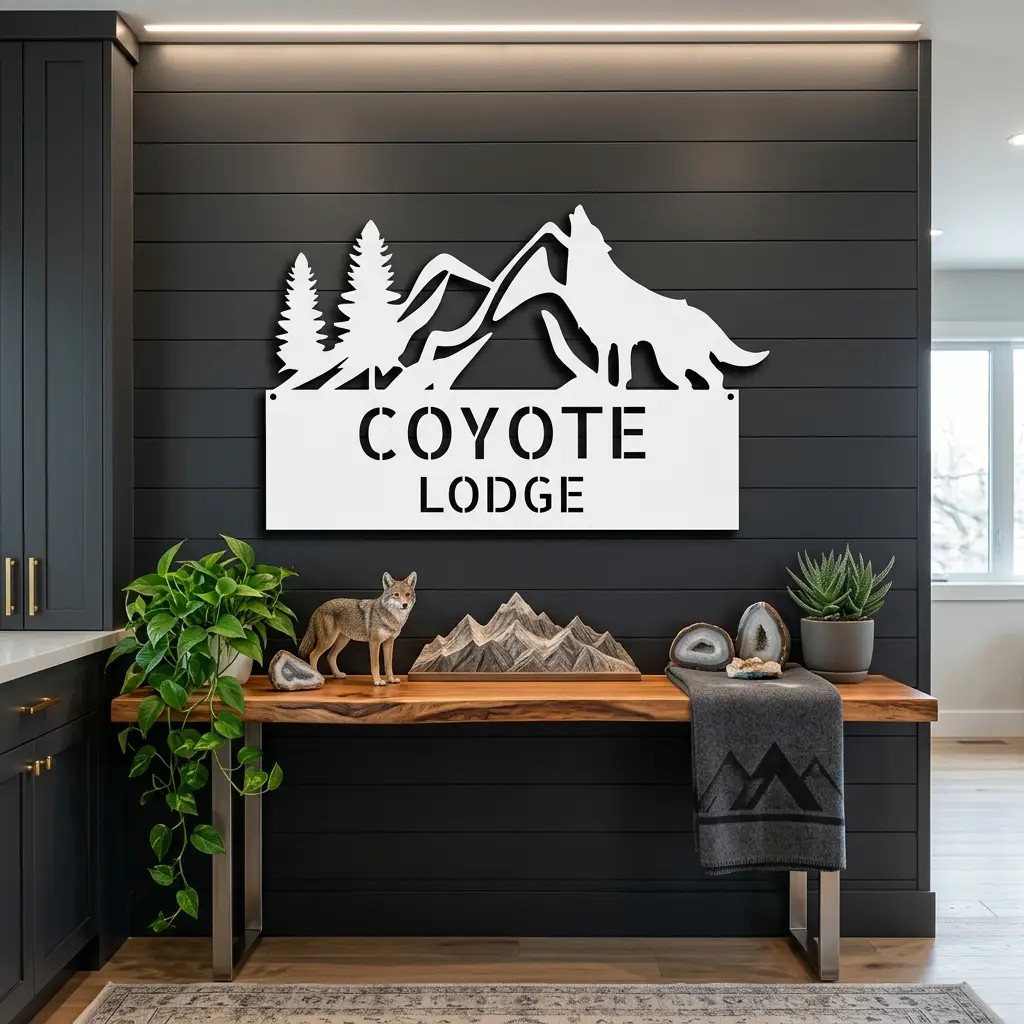 Coyote and Mountains Custom Name Metal Wall Sign