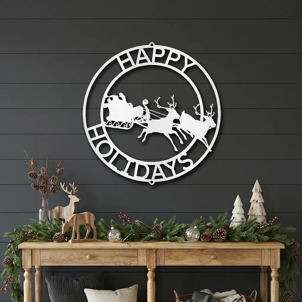 Personalized Santa Sleigh & Reindeer Metal Wall Art – Custom Family Name Christmas Sign – Handmade Steel Décor (5 Sizes, 5 Colors)