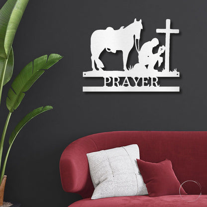 Praying Cowboy with Horse Kneeling at Cross Custom Name Metal Wall Art - Mallard Moon Gift Shop