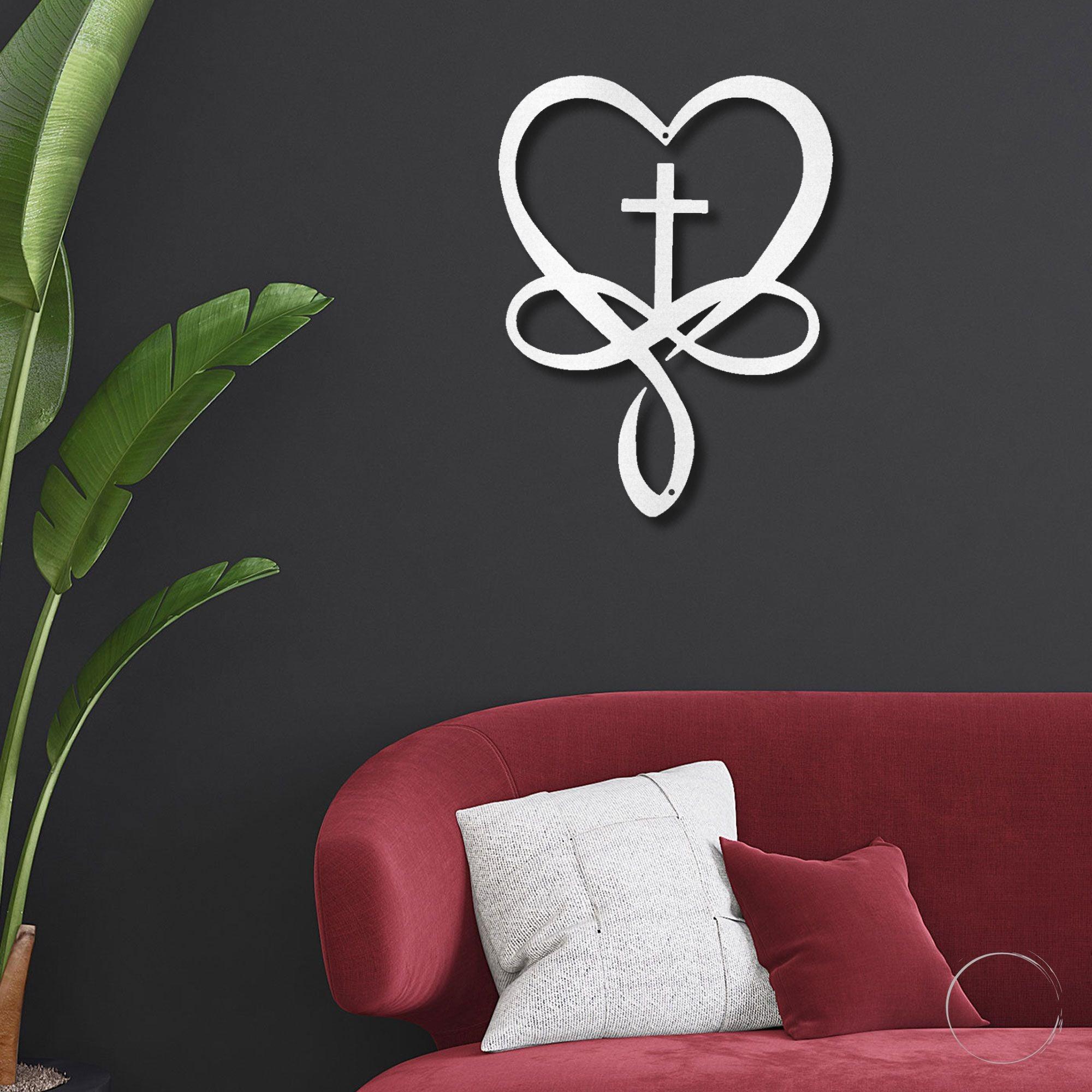 Love Infinity Heart and Cross Metal Art Wall Sign - Mallard Moon Gift Shop