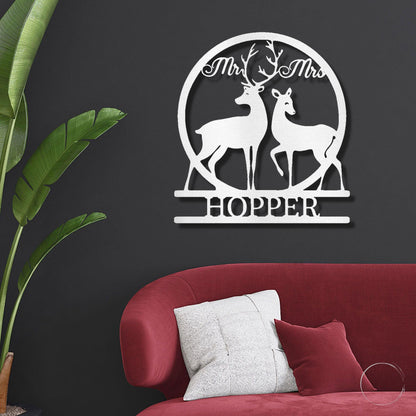 Deer and Doe Mr and Mrs Custom Name Metal Art Wall Sign - Mallard Moon Gift Shop