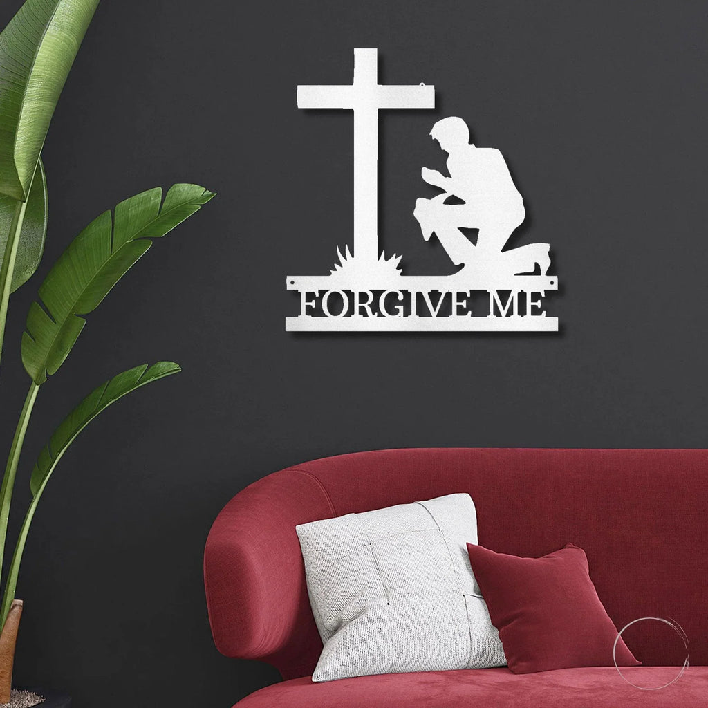 Praying Man Kneeling at Cross Spiritual Metal Art Wall Sign