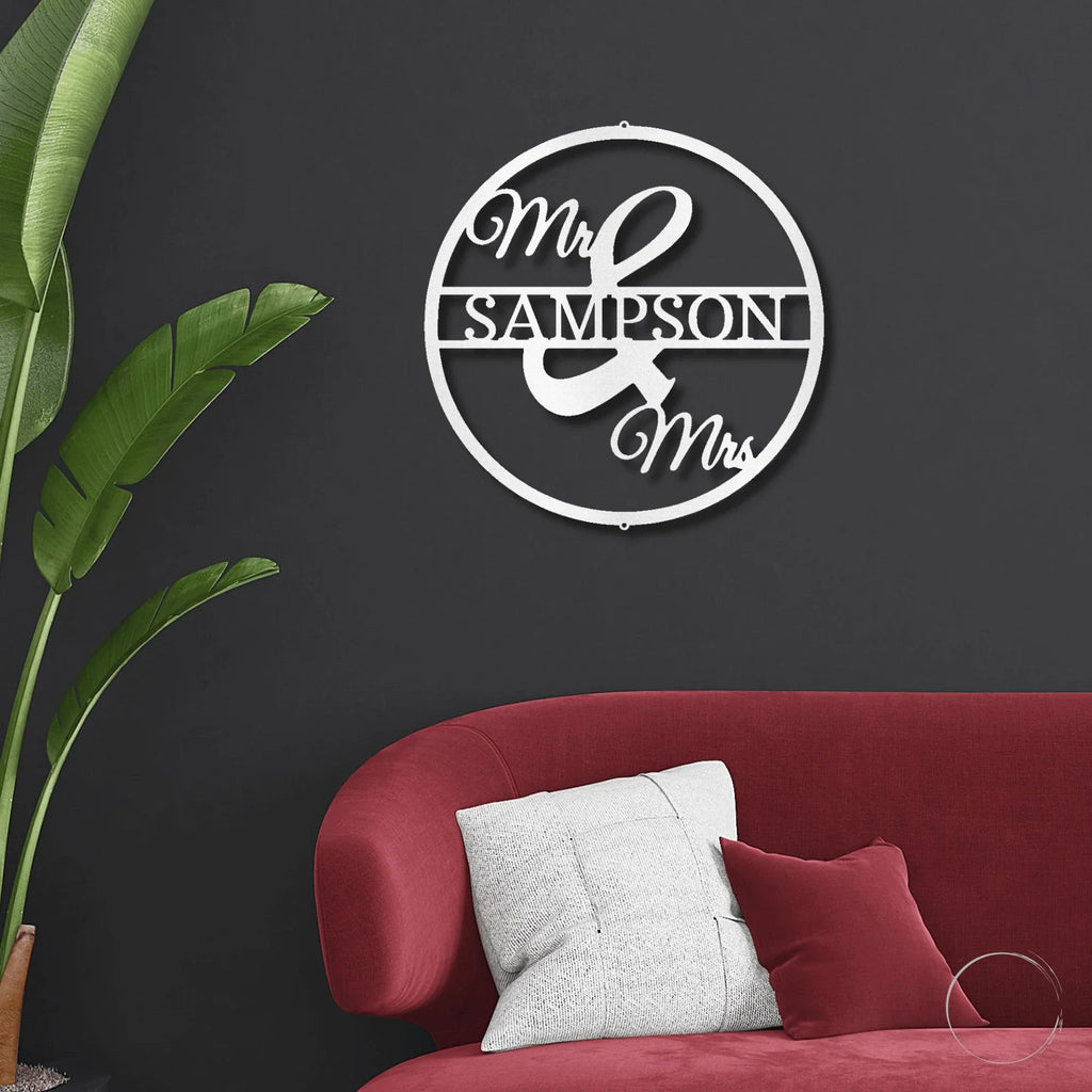 Mr and Mrs Circle Custom Name Steel Wall Sign
