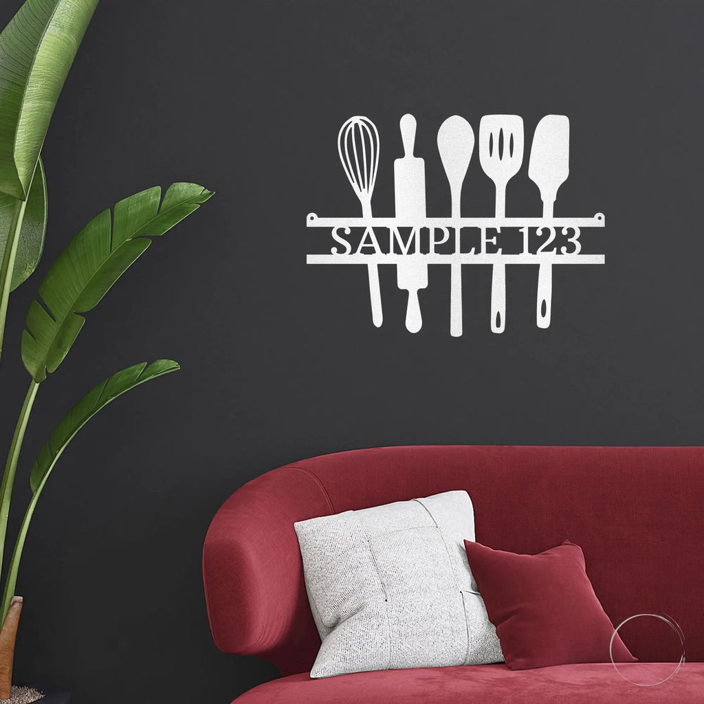 Personalized Kitchen Metal Sign Custom Family Name Wall Art Baking Utensil Decor Farmhouse Kitchen Sign Cooking Gift Idea