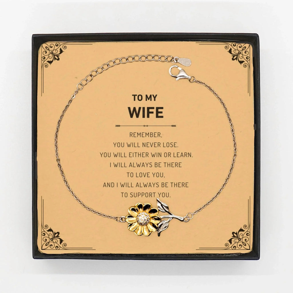 Wife Gifts, To My Wife Remember, you will never lose. You will either WIN or LEARN, Keepsake Sunflower Bracelet For Wife Card, Birthday Christmas Gifts Ideas For Wife X-mas Gifts
