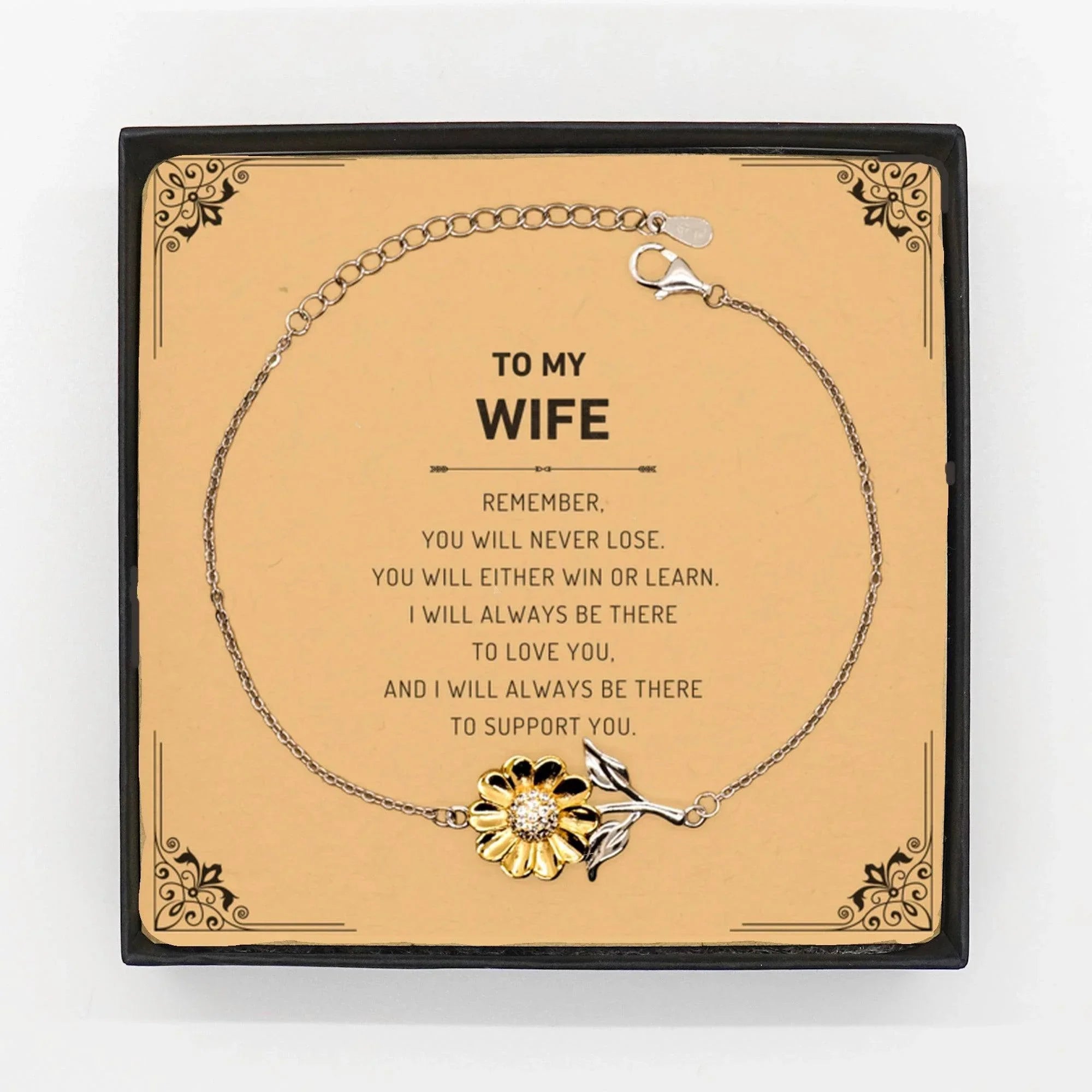Wife Gifts, To My Wife Remember, you will never lose. You will either WIN or LEARN, Keepsake Sunflower Bracelet For Wife Card, Birthday Christmas Gifts Ideas For Wife X-mas Gifts