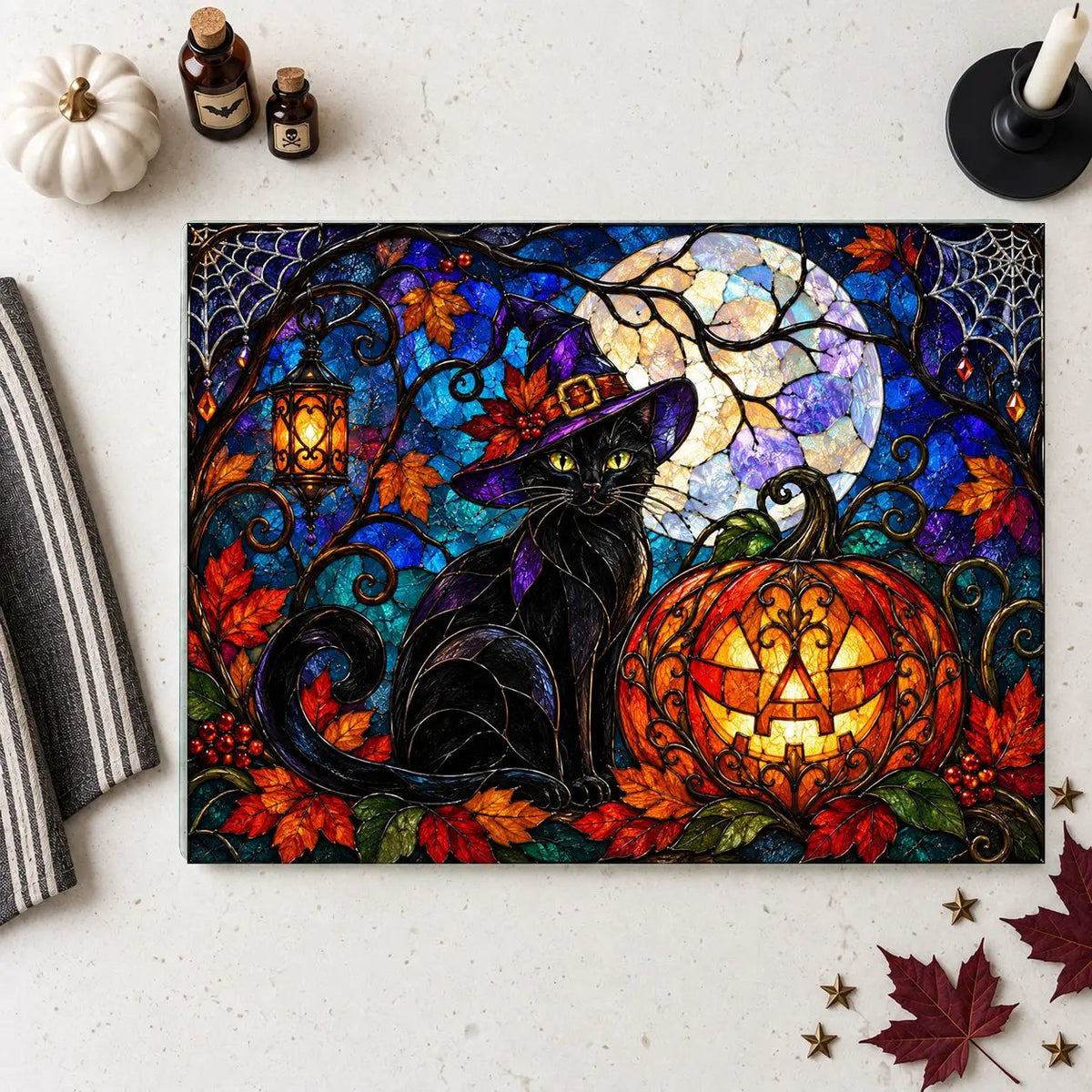 Halloween Black Witch Cat Personalized Glass Cutting Board, Spooky Pumpkin Kitchen Decor