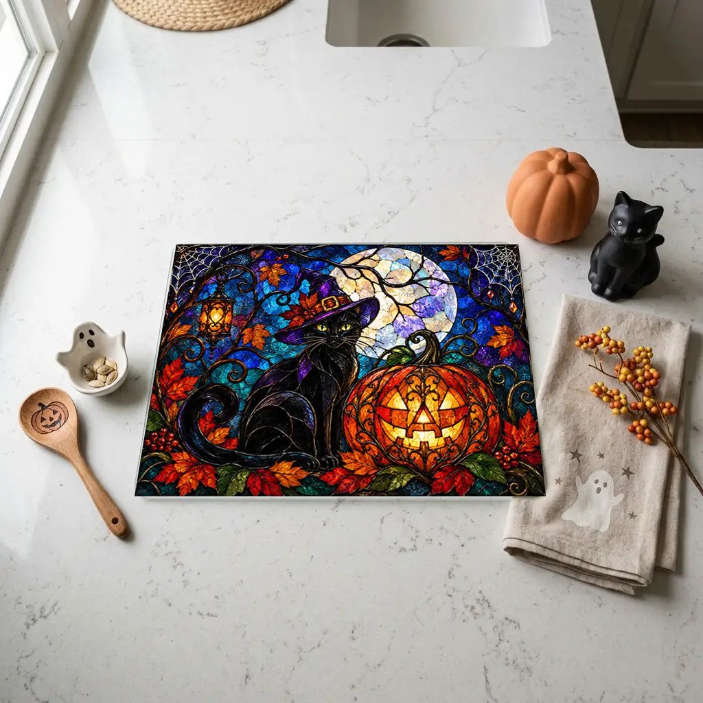 Halloween Black Witch Cat Personalized Glass Cutting Board, Spooky Pumpkin Kitchen Decor