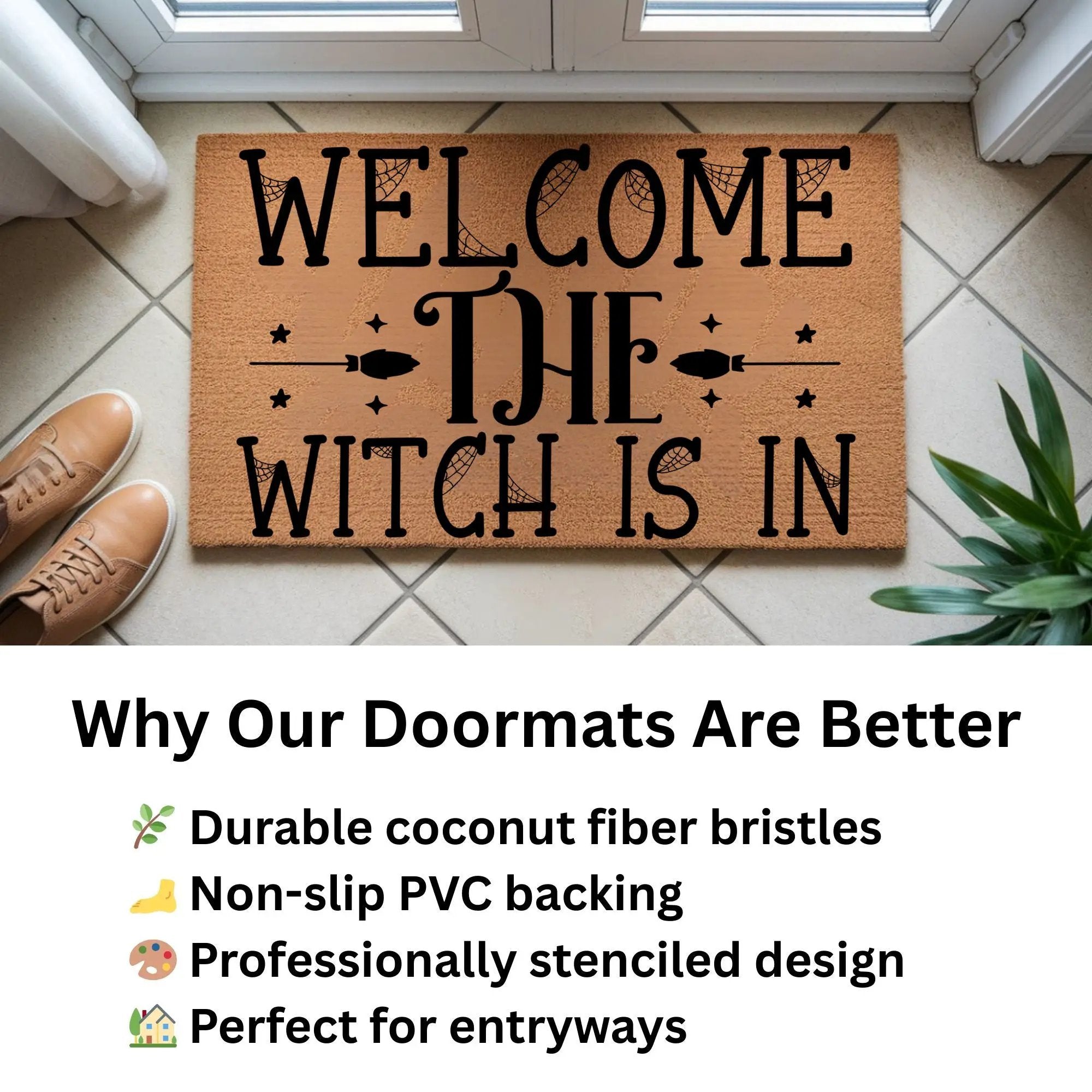 Welcome the Witch Is In - Coir Doormat – Funny Witch Halloween Welcome Mat | Spooky Fall Front Porch Decor | Rustic Farmhouse Entryway Rug