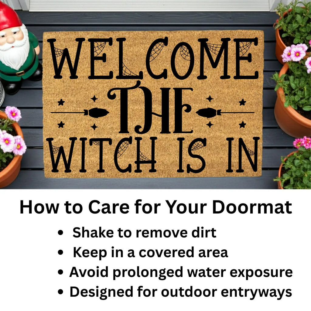 Welcome the Witch Is In - Coir Doormat – Funny Witch Halloween Welcome Mat | Spooky Fall Front Porch Decor | Rustic Farmhouse Entryway Rug