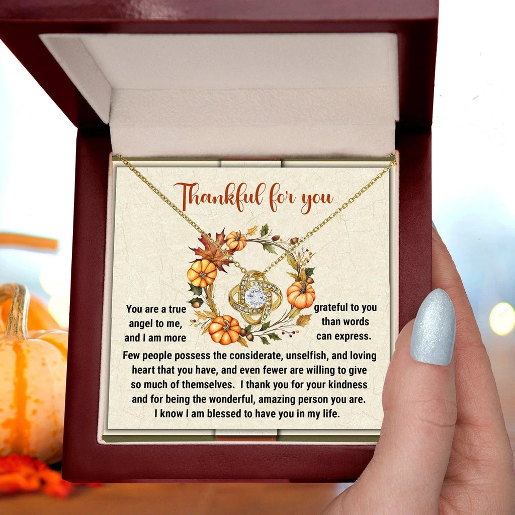 Thanksgiving Gift for Her – “Thankful for You” Love Knot Necklace with Message Card | Heartfelt Gift for Her