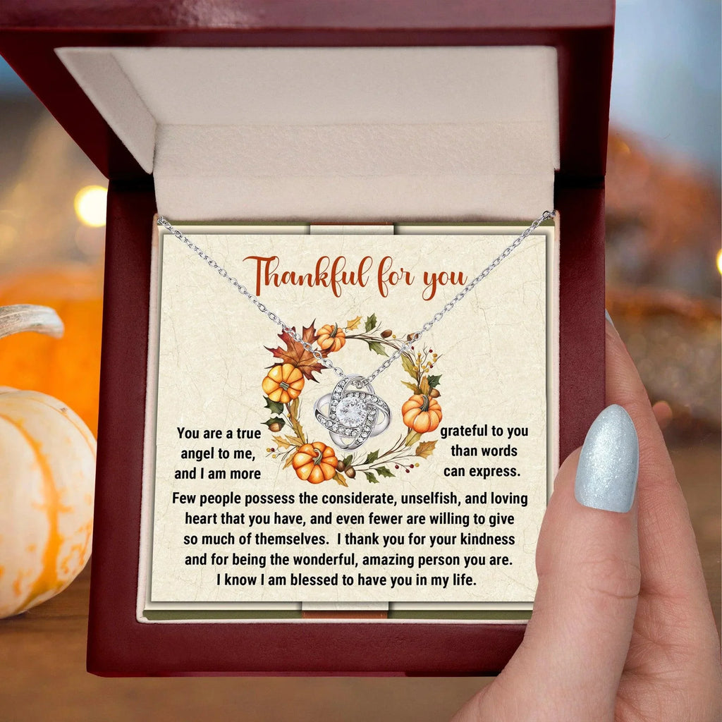 Thanksgiving Gift for Her – “Thankful for You” Love Knot Necklace with Message Card | Heartfelt Gift for Her