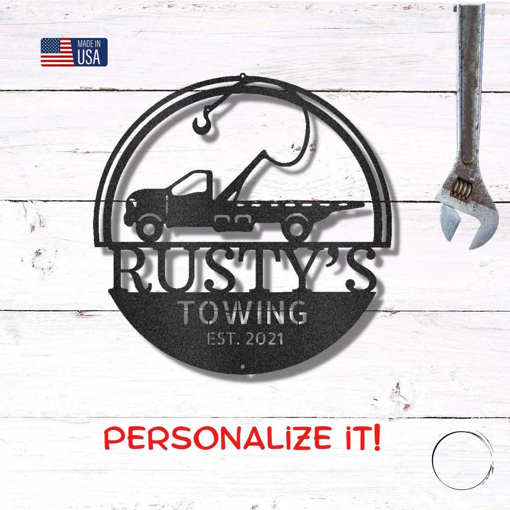 Tow Truck Custom Name Indoor Outdoor Steel Wall Sign