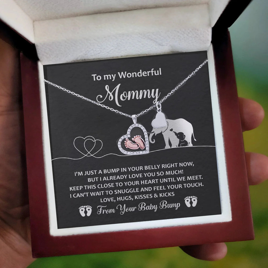 To My Wonderful Mommy I May be Just a Bump But I Love You So Much Baby Feet Necklace