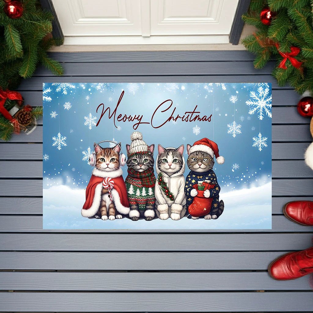 Meowy Christmas Doormat – Full Color Cat Holiday Welcome Mat Gift