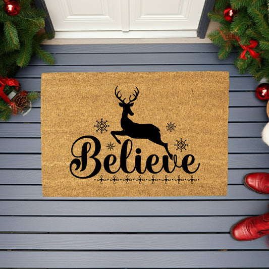 Believe Reindeer Doormat – Christmas Outdoor Coir Mat Holiday Décor