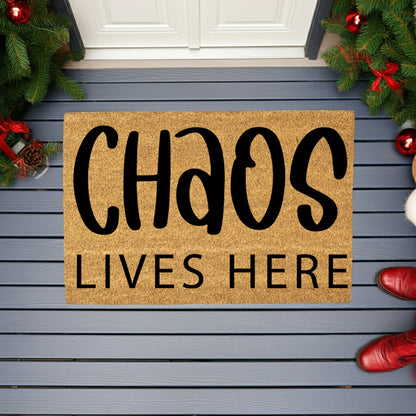Chaos Lives Here Coir Doormat – Funny Family Welcome Mat | Rustic Farmhouse Front Porch Decor | Everyday Entryway Rug - Mallard Moon