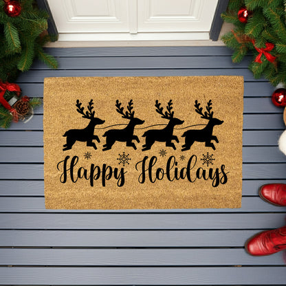 Happy Holidays Reindeer Doormat – Christmas Outdoor Coir Mat Décor