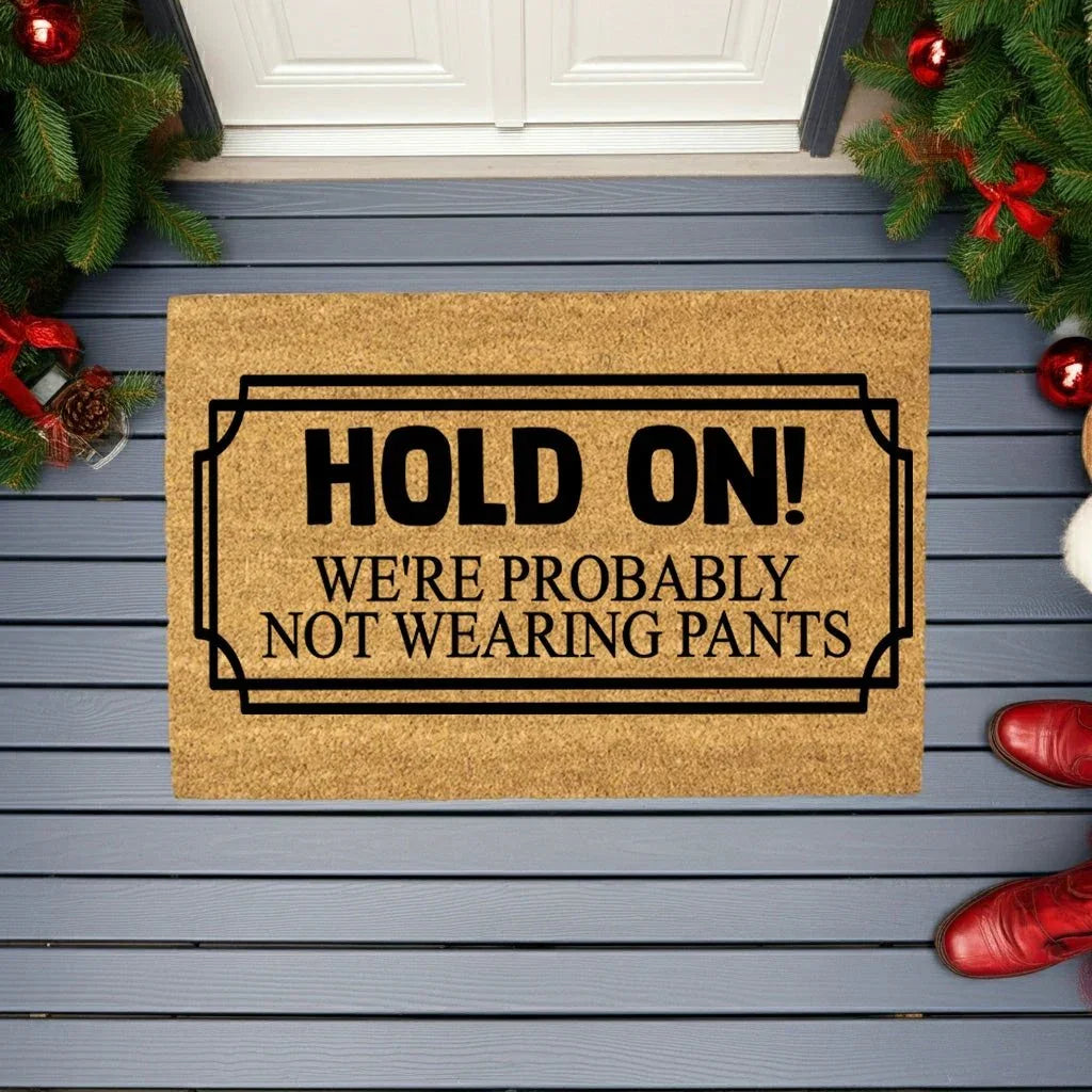 Funny “Hold On! We’re Probably Not Wearing Pants” Coir Doormat – Hilarious Welcome Mat | Humor Front Porch Decor | Gag Gift for Friends & Couples