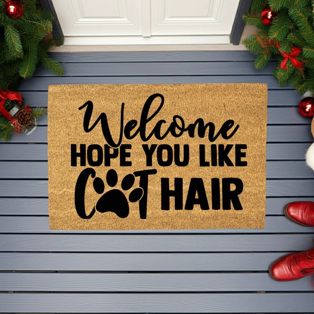 Funny Cat Lover Doormat – “Welcome Hope You Like Cat Hair” | Coir Welcome Mat with Paw Print | Gift for Cat Owners, Pet Homes & Crazy Cat Moms
