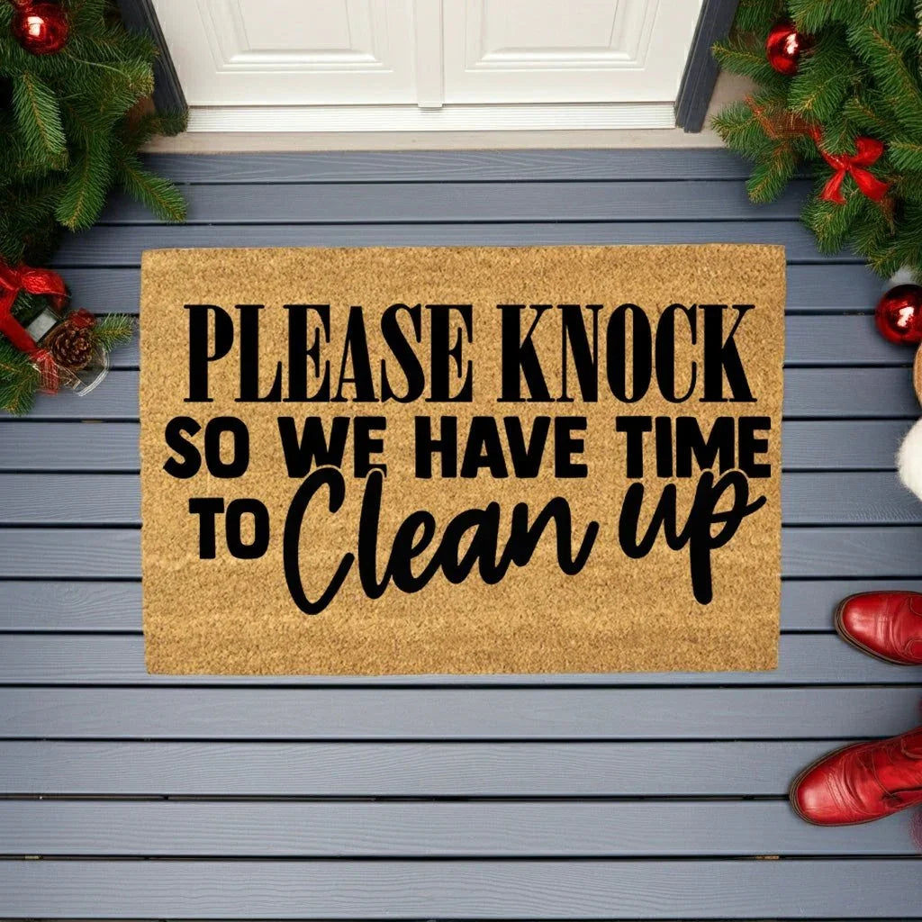 Funny “Please Knock So We Have Time to Clean Up” Doormat | Relatable Coir Welcome Mat for Families | Real-Life Humor Front Porch Décor